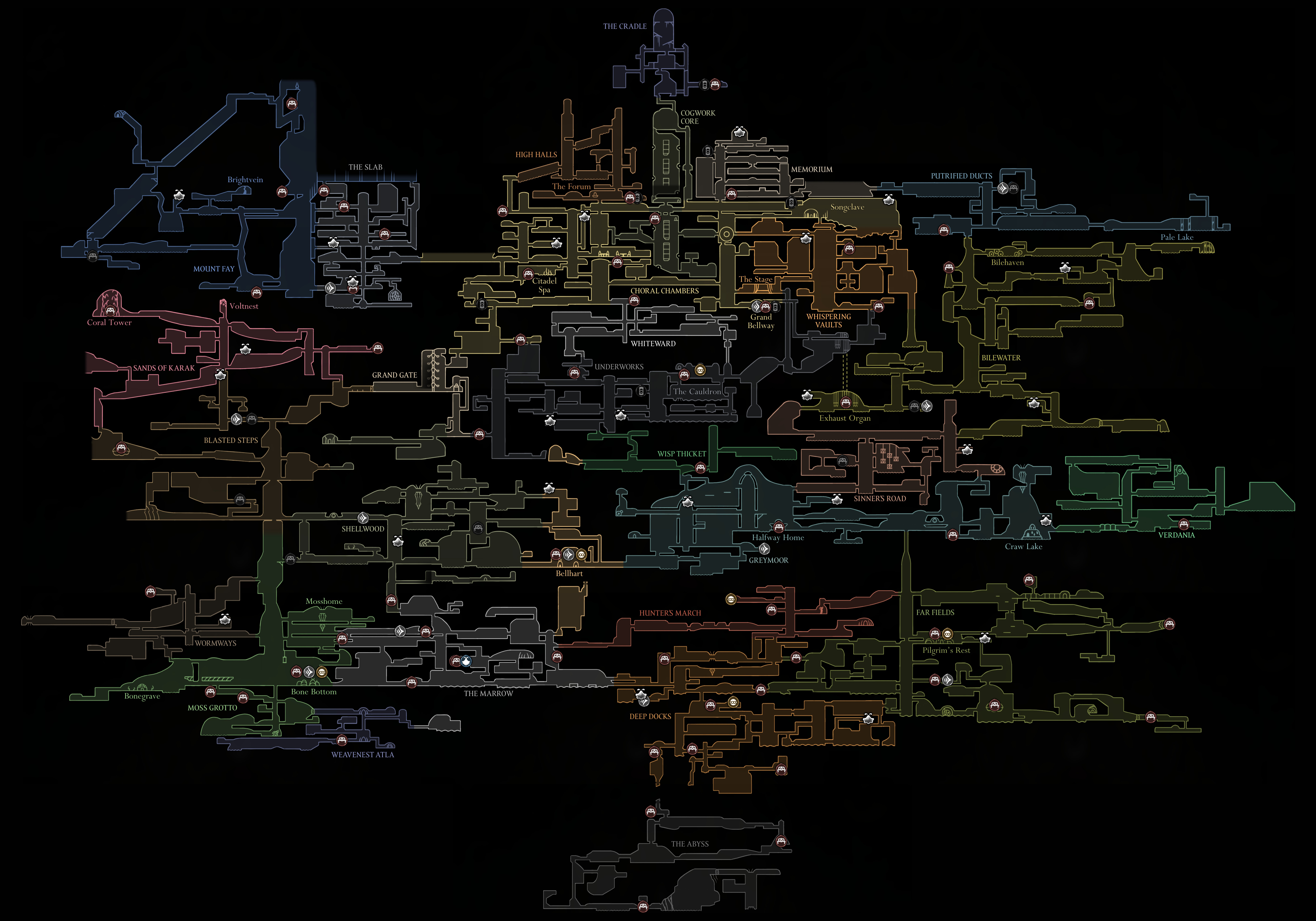 Complete Hollow Knight Silksong Map - Full Pharloom World Map with all areas labeled
